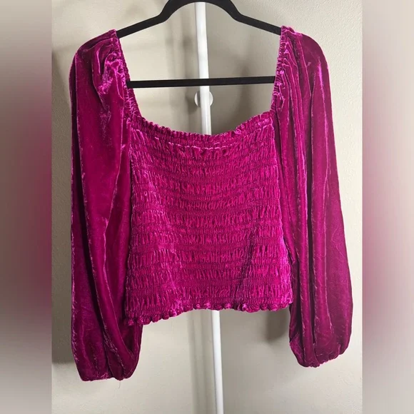 🌺Anthropologie Fuchsia Velvet Smocked Blouse - Picture 3 of 5